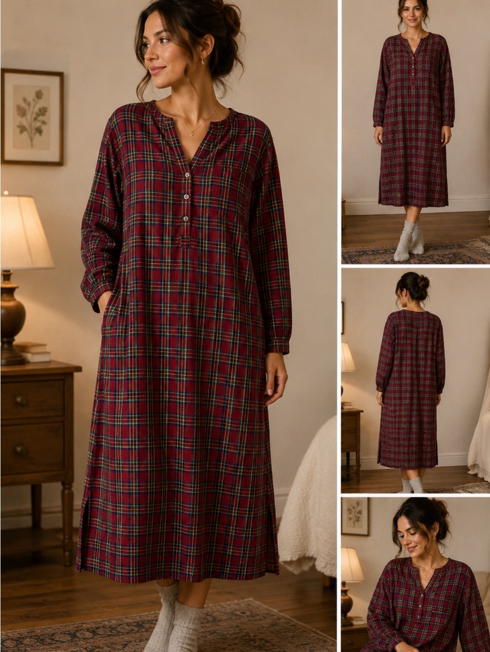 LL bean red green blue plaid midi nightgown size M half button granny fannnel